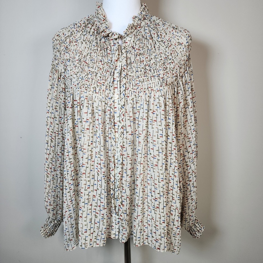 MINI Peasant Blouse Womens Medium Smocking BOHO Ditsy‎ Cottage Chiffon Sheer